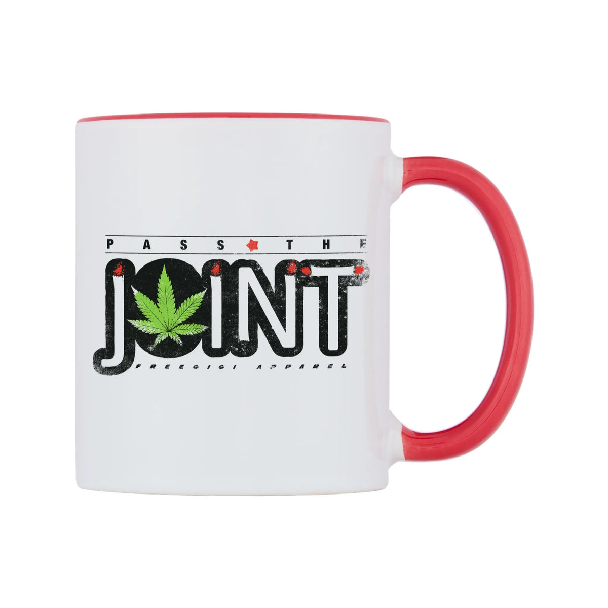 Pass The Joint Mug — white 11oz gloss mug with a red inside and handle, left side, on a white background