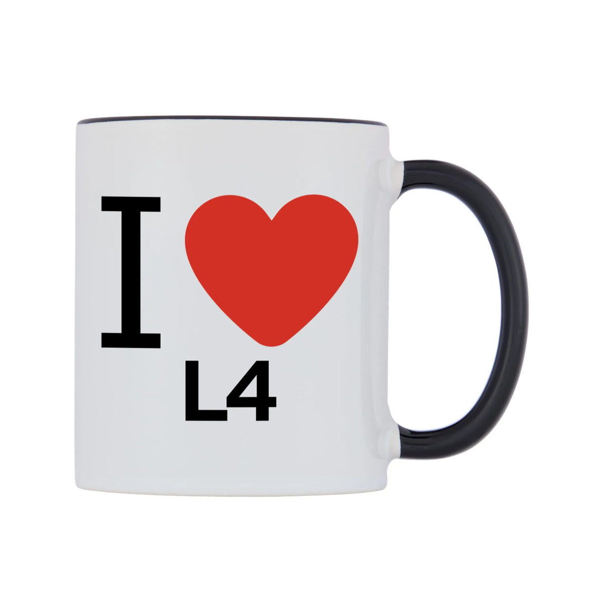 I Love L4 Mug — white 11oz gloss mug with a black inside and handle, left side, on a white background