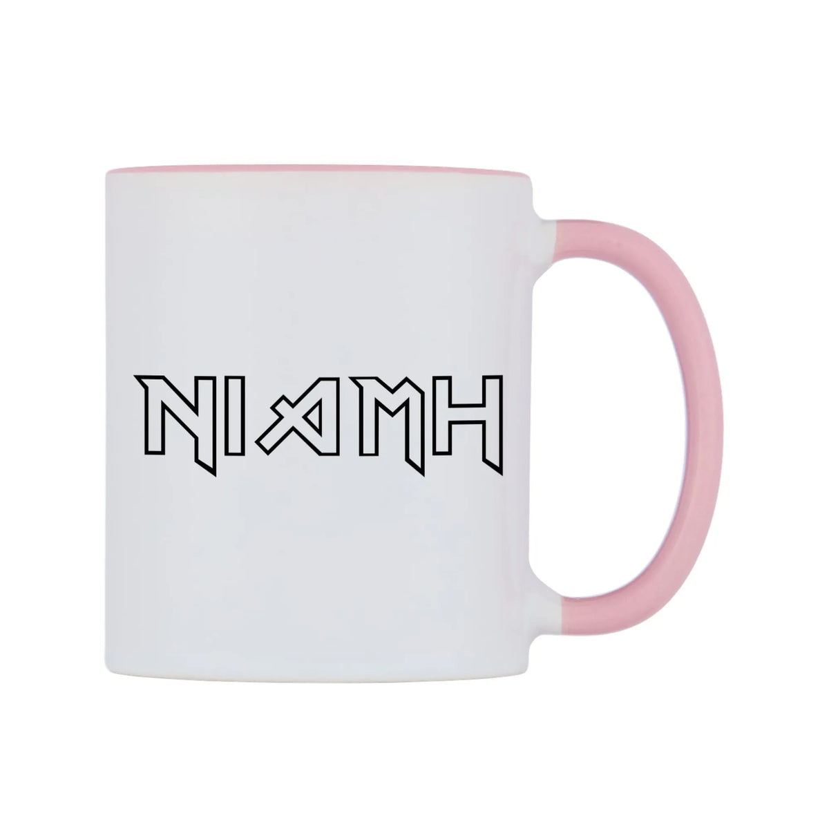 Niamh - Iron Maiden Themed Mug — white 11oz gloss mug with a pink inside and handle, left side, on a white background