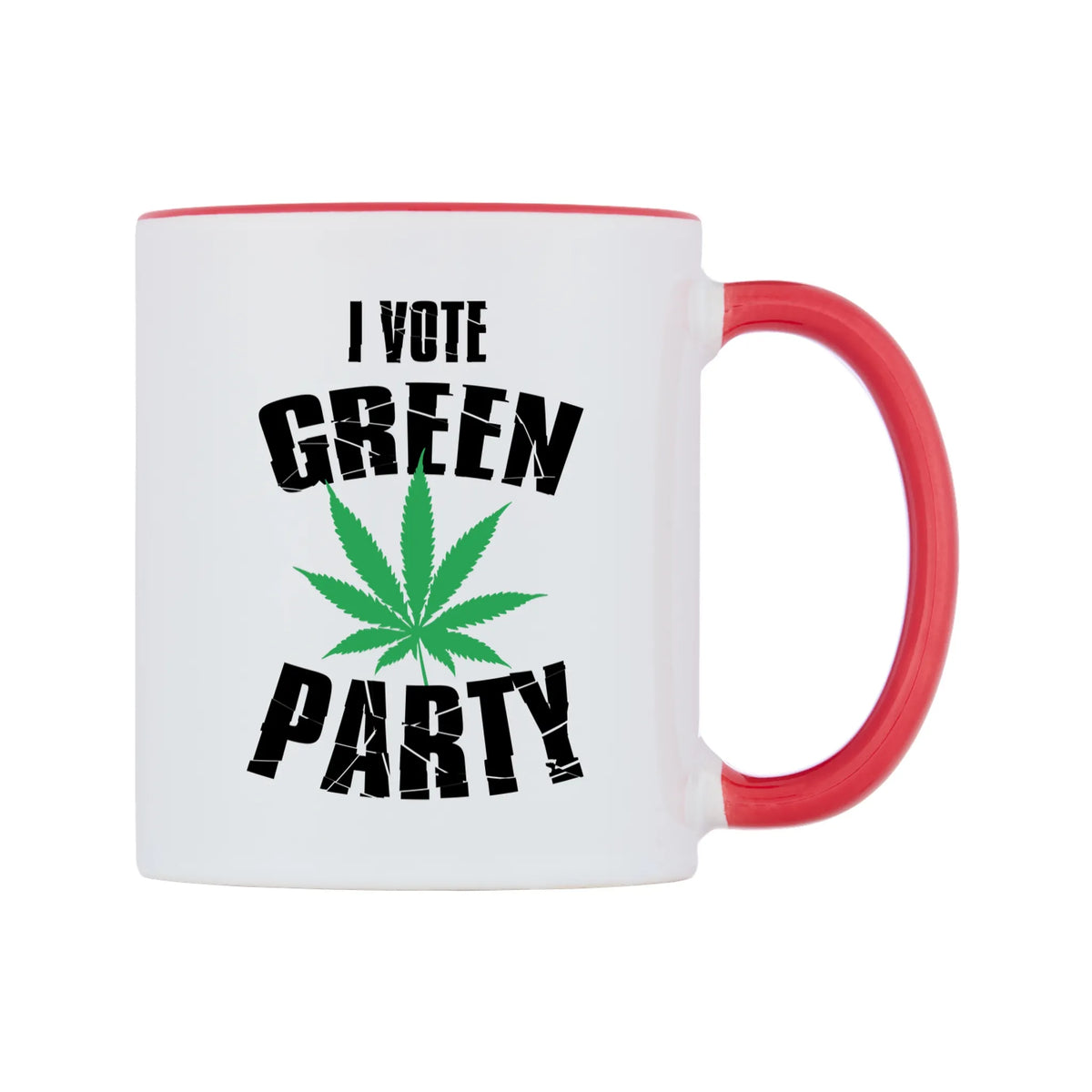 I Vote Green Party Mug — white 11oz gloss mug with a red inside and handle, left side, on a white background