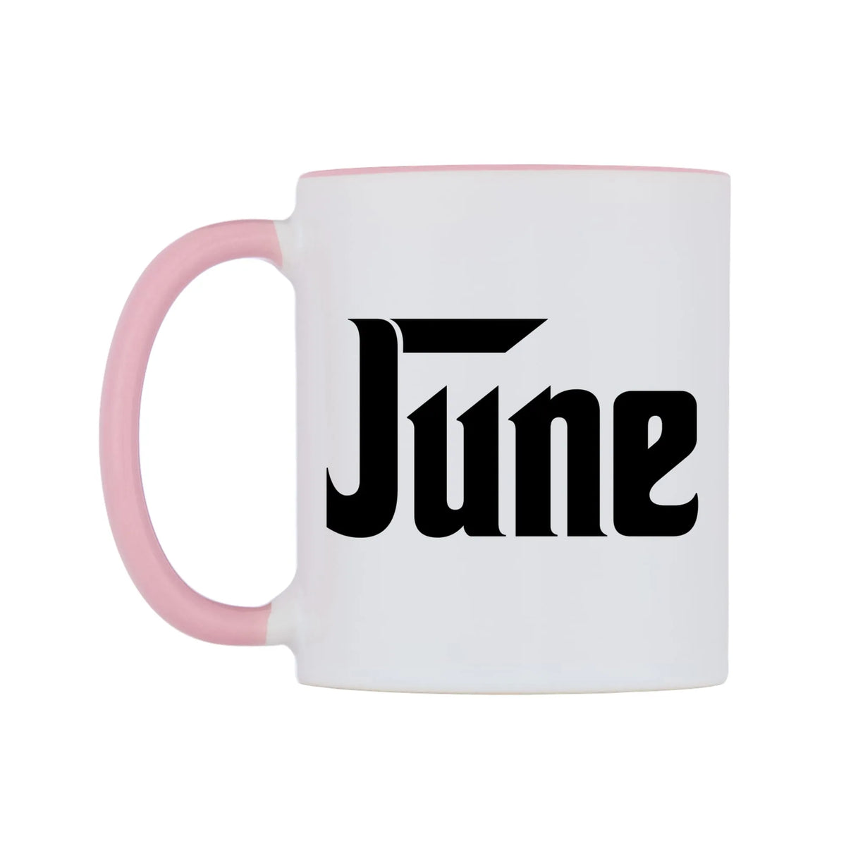 June - Godfather Themed Mug — white 11oz gloss mug with a pink inside and handle, right side, on a white background