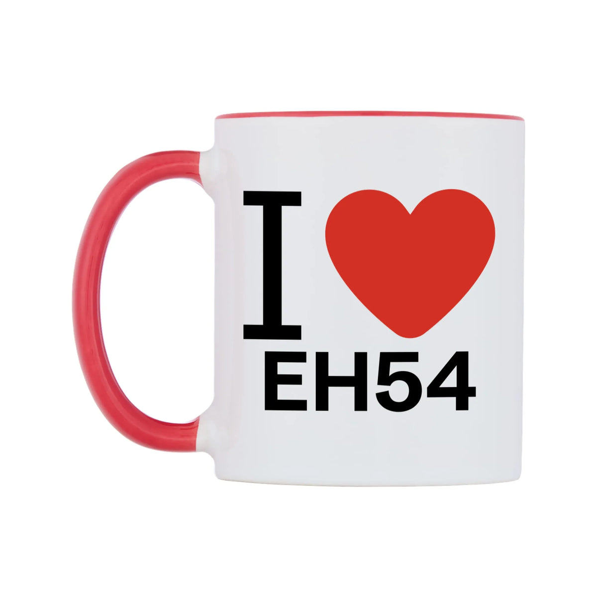 I Love EH54 Mug — white 11oz gloss mug with a red inside and handle, right side, on a white background