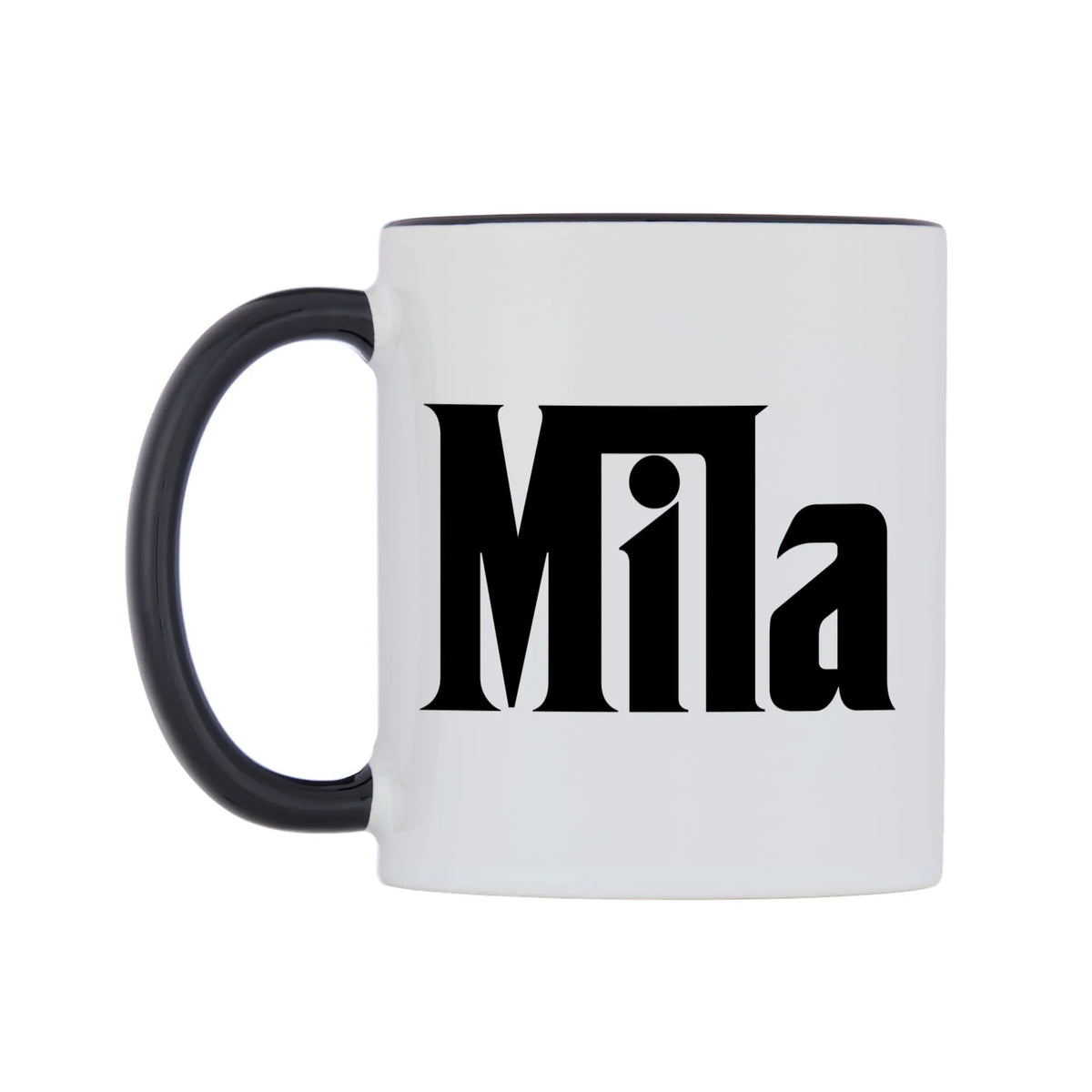 Mila - Godfather Themed Mug — white 11oz gloss mug with a black inside and handle, right side, on a white background