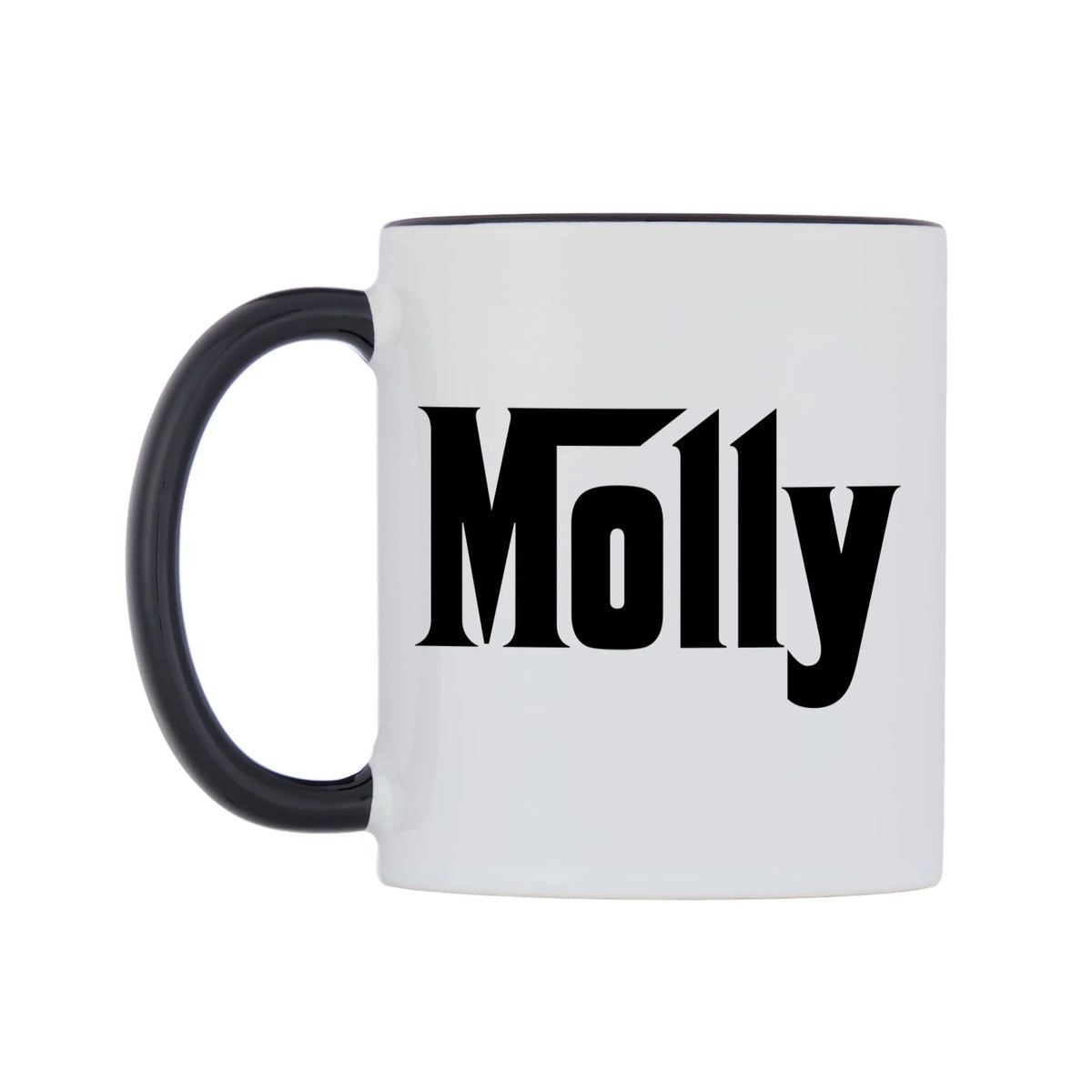 Molly - Godfather Themed Mug — white 11oz gloss mug with a black inside and handle, right side, on a white background