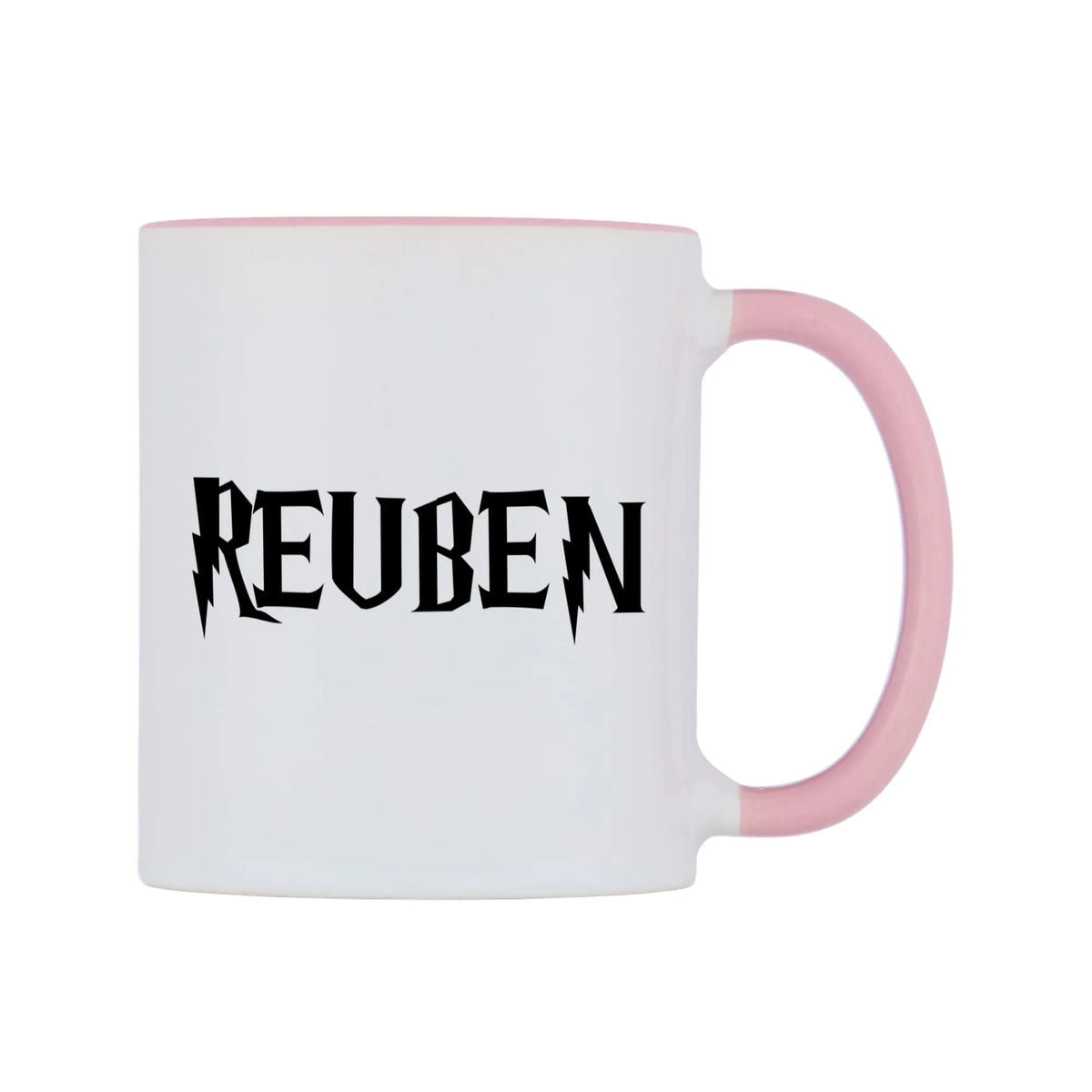 Reuben - Wizard Themed Mug — white 11oz gloss mug with a pink inside and handle, left side, on a white background