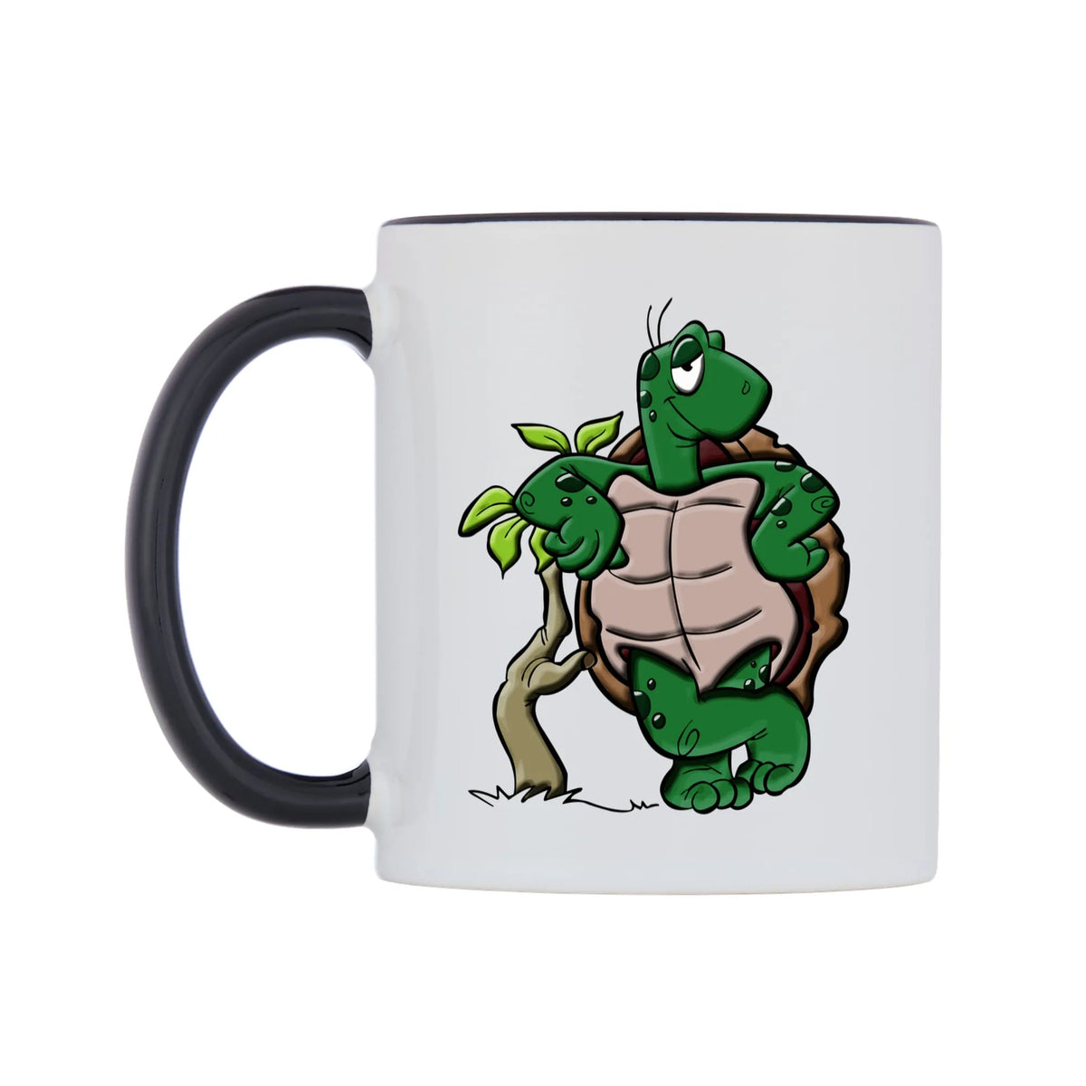 Cool Turtle Mug — white 11oz gloss mug with a black inside and handle, right side, on a white background