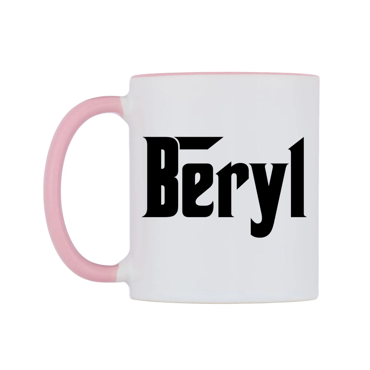 Beryl - Godfather Themed Mug — white 11oz gloss mug with a pink inside and handle, right side, on a white background
