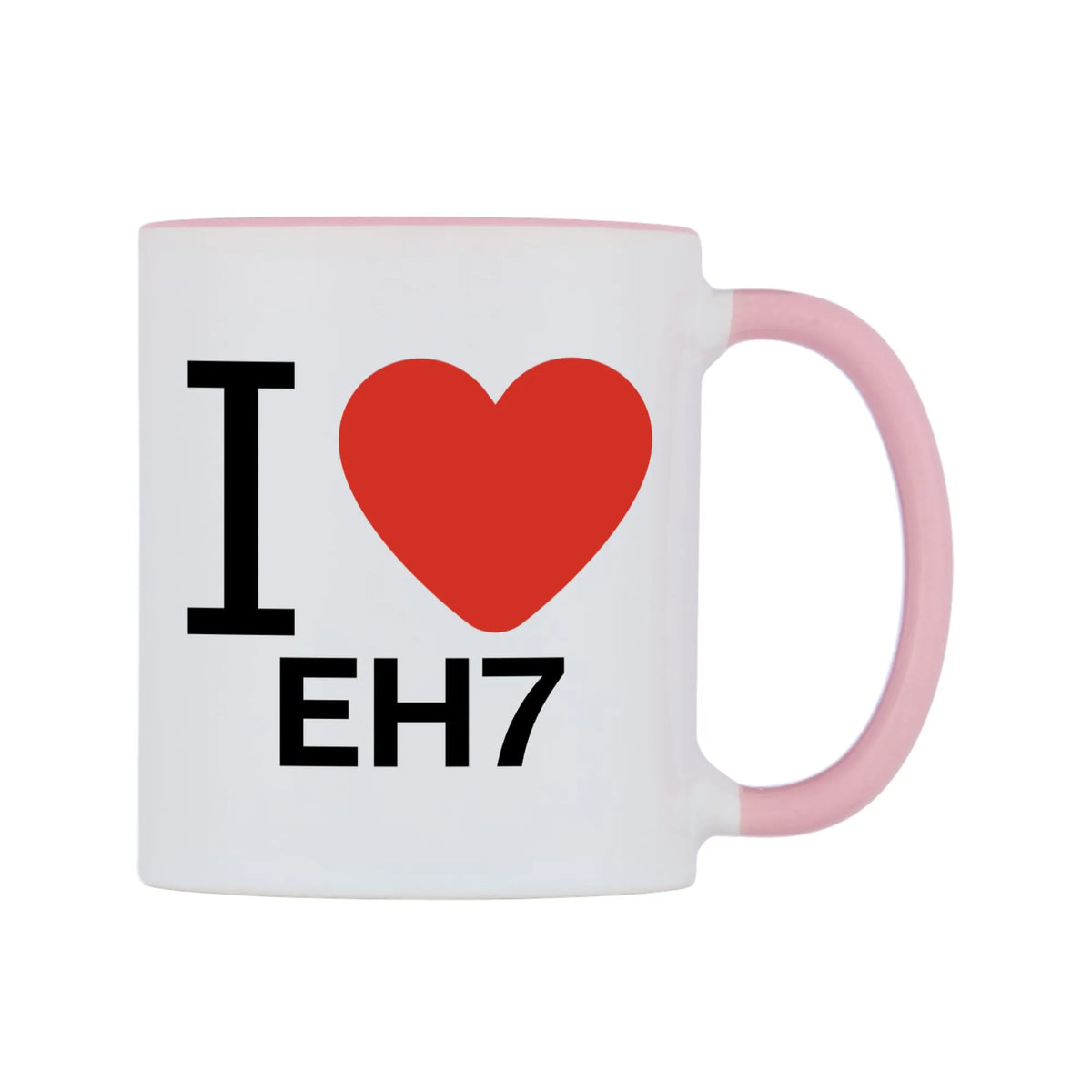 I Love EH7 Mug — white 11oz gloss mug with a pink inside and handle, left side, on a white background