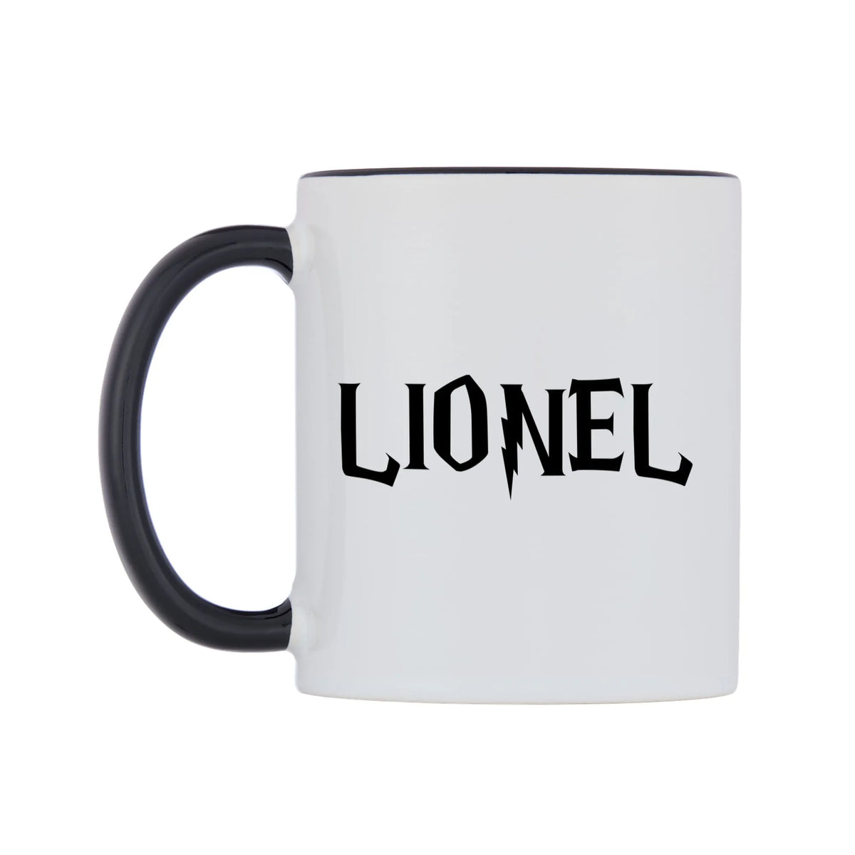 Lionel - Wizard Themed Mug — white 11oz gloss mug with a black inside and handle, right side, on a white background