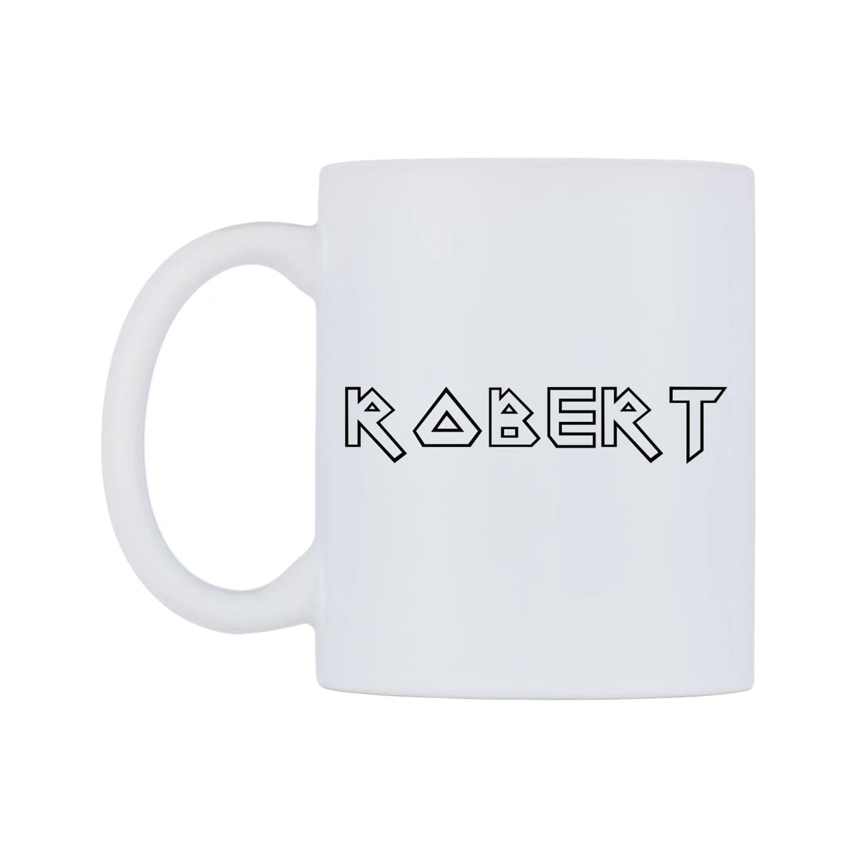 Robert - Iron Maiden Themed Mug — white 11oz gloss mug, right side, on a white background