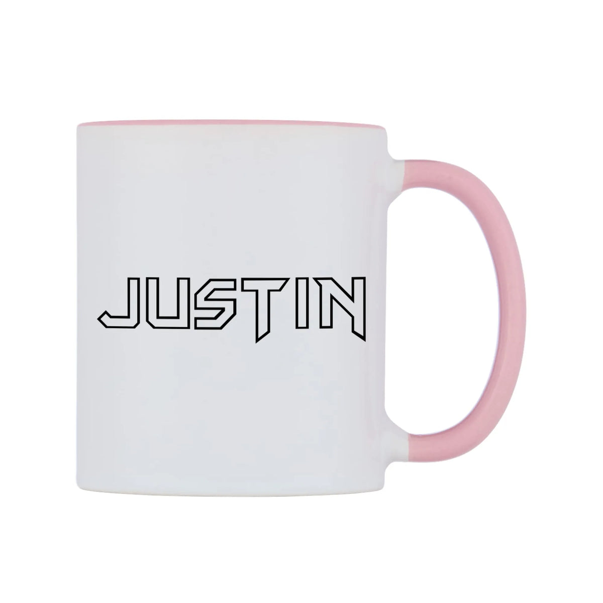 Justin - Iron Maiden Themed Mug — white 11oz gloss mug with a pink inside and handle, left side, on a white background