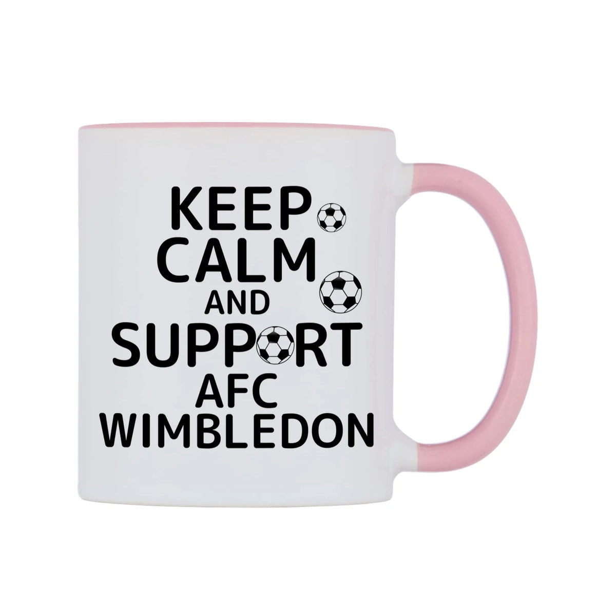 Keep Calm And Support AFC Wimbledon Mug — white 11oz gloss mug with a pink inside and handle, left side, on a white background