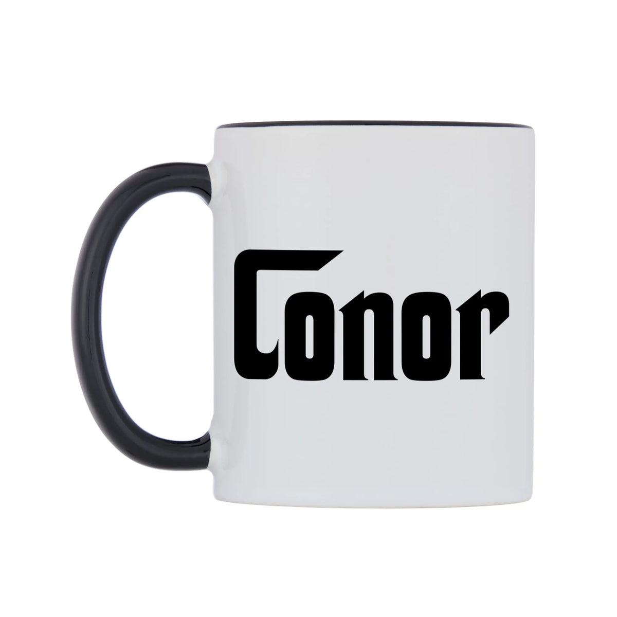 Conor - Godfather Themed Mug — white 11oz gloss mug with a black inside and handle, right side, on a white background