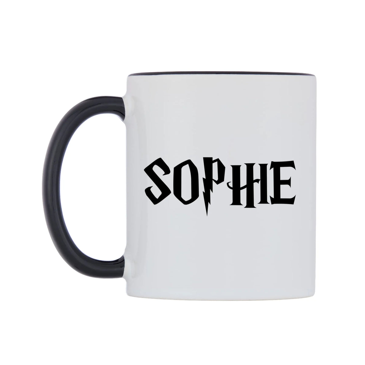 Sophie - Wizard Themed Mug — white 11oz gloss mug with a black inside and handle, right side, on a white background