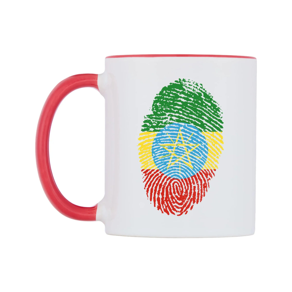 Ethiopia Finger Print Flag Mug — white 11oz gloss mug with a red inside and handle, right side, on a white background