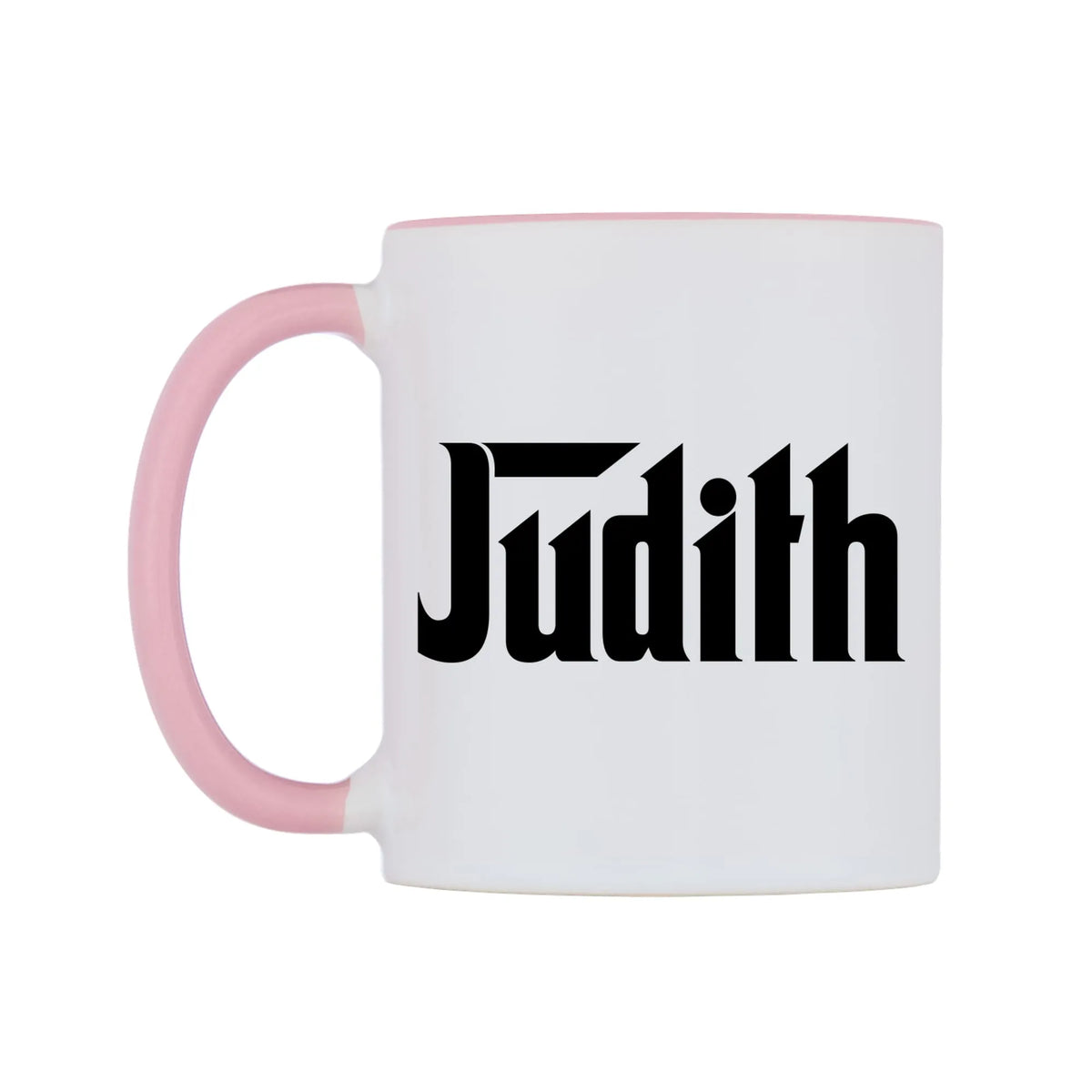 Judith - Godfather Themed Mug — white 11oz gloss mug with a pink inside and handle, right side, on a white background