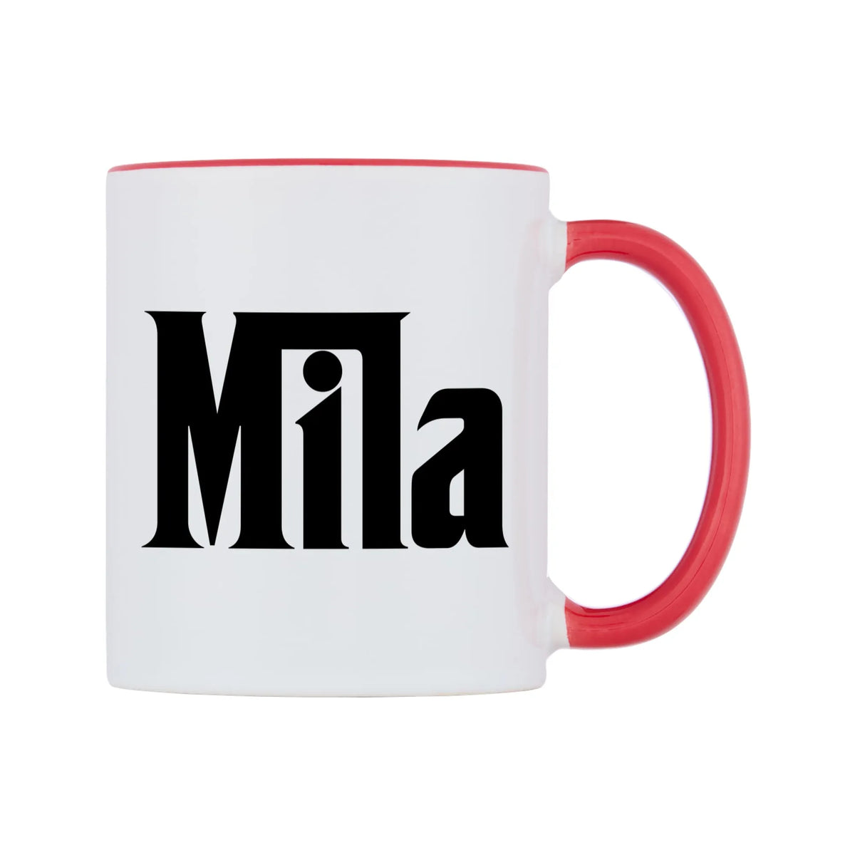 Mila - Godfather Themed Mug — white 11oz gloss mug with a red inside and handle, left side, on a white background