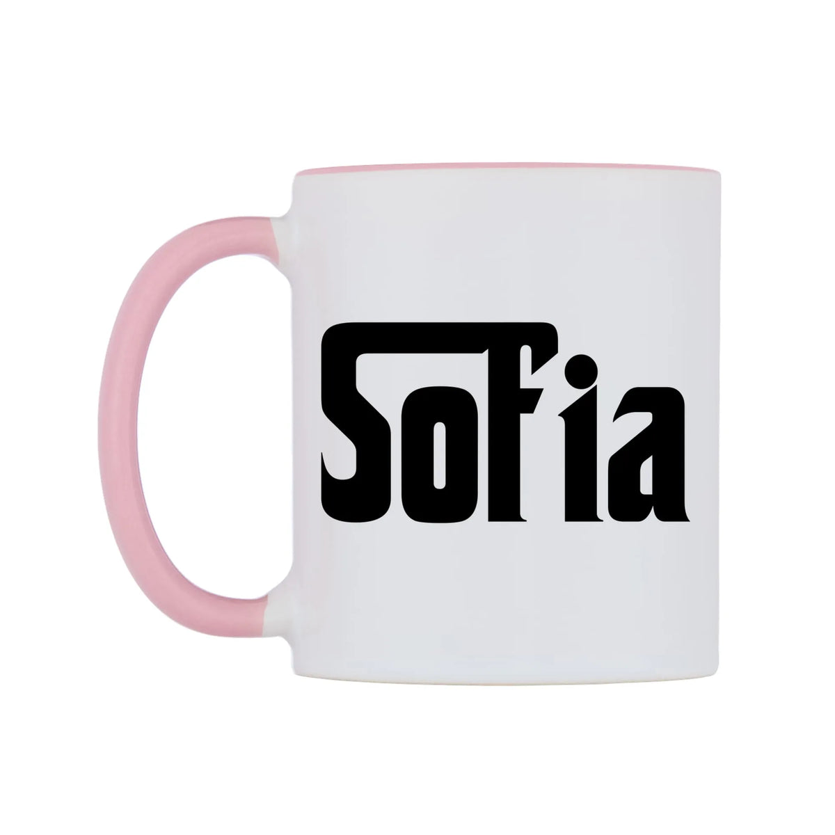 Sofia - Godfather Themed Mug — white 11oz gloss mug with a pink inside and handle, right side, on a white background