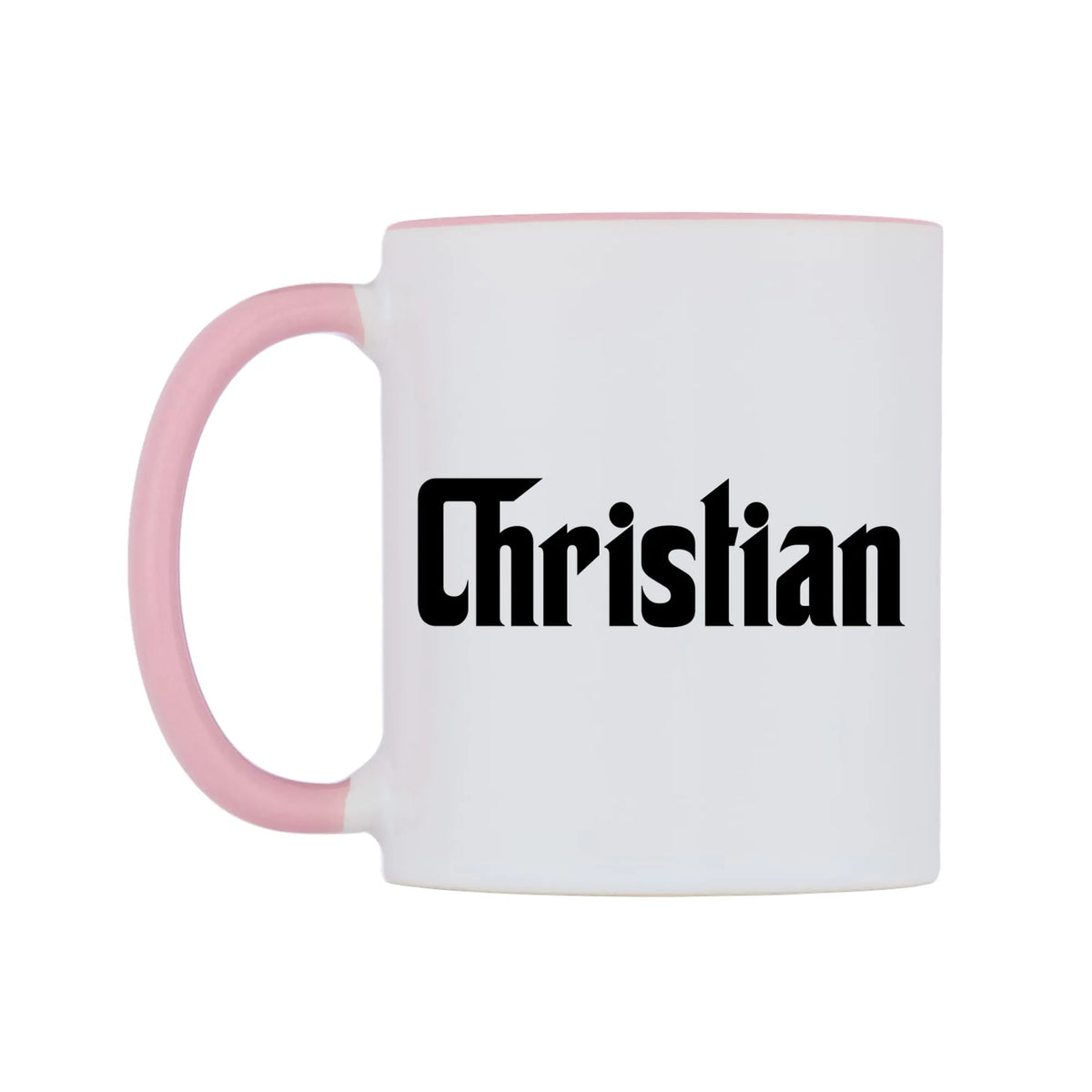 Christian - Godfather Themed Mug — white 11oz gloss mug with a pink inside and handle, right side, on a white background