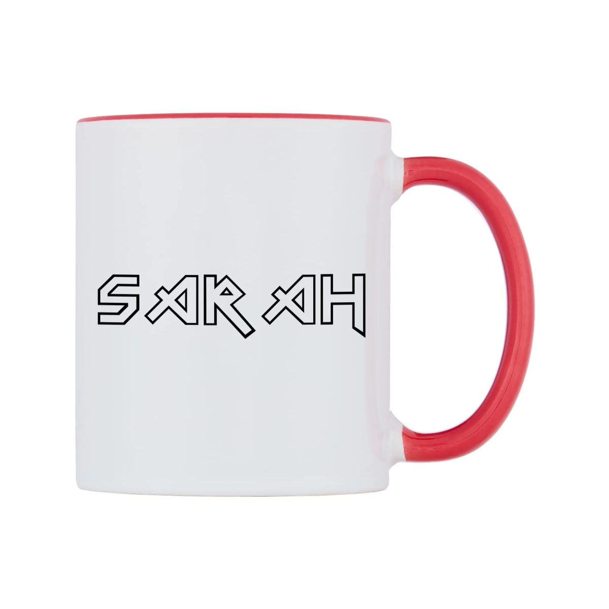 Sarah - Iron Maiden Themed Mug — white 11oz gloss mug with a red inside and handle, left side, on a white background