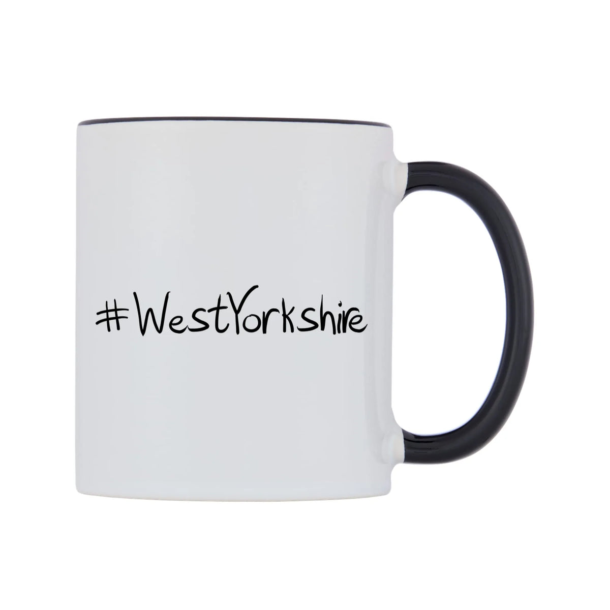 WestYorkshire Mug — white 11oz gloss mug with a black inside and handle, left side, on a white background