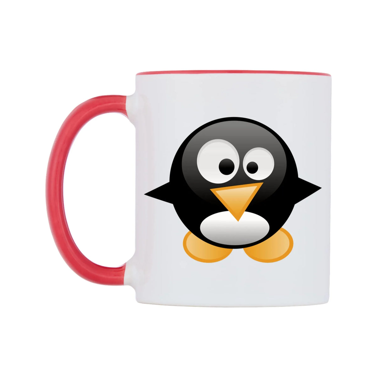 Cute Penguin Mug — white 11oz gloss mug with a red inside and handle, right side, on a white background
