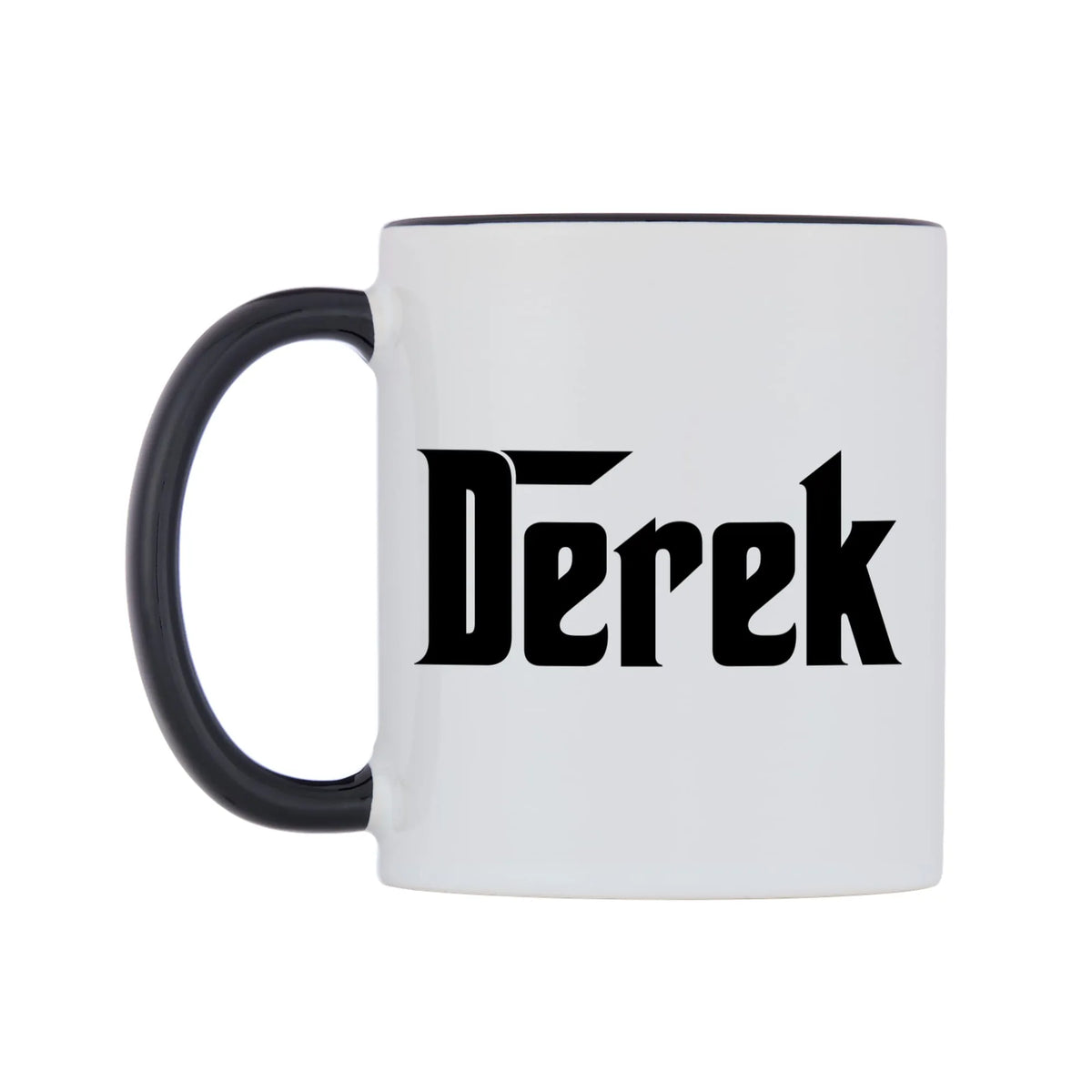 Derek - Godfather Themed Mug — white 11oz gloss mug with a black inside and handle, right side, on a white background