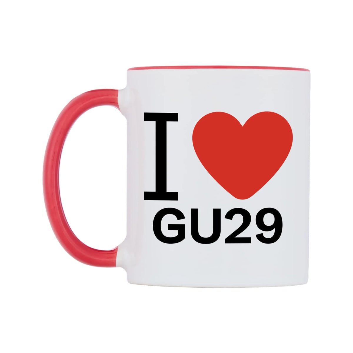 I Love GU29 Mug — white 11oz gloss mug with a red inside and handle, right side, on a white background