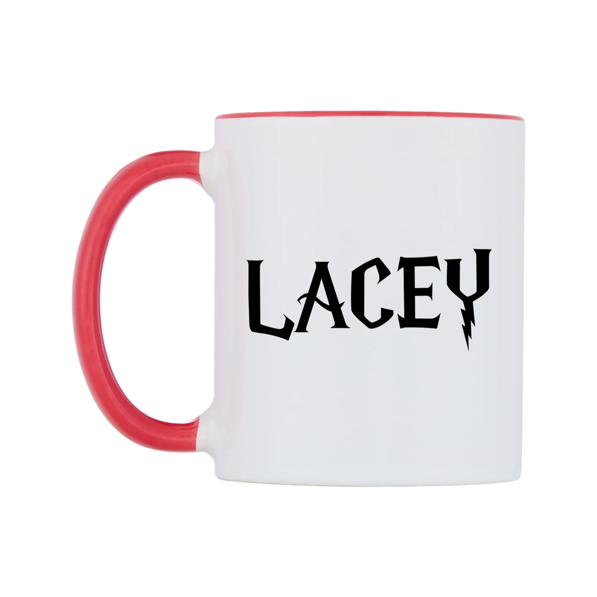Lacey - Wizard Themed Mug — white 11oz gloss mug with a red inside and handle, right side, on a white background
