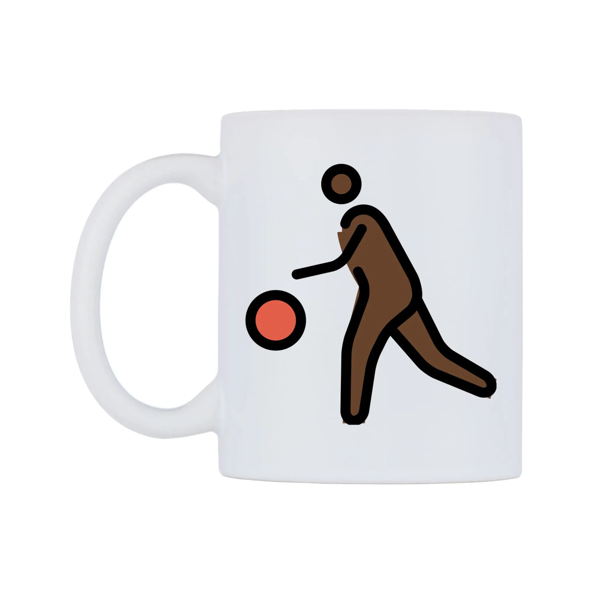 Person Bouncing Ball: Dark Skin Tone Emoji Mug — mug, right side, on a white background