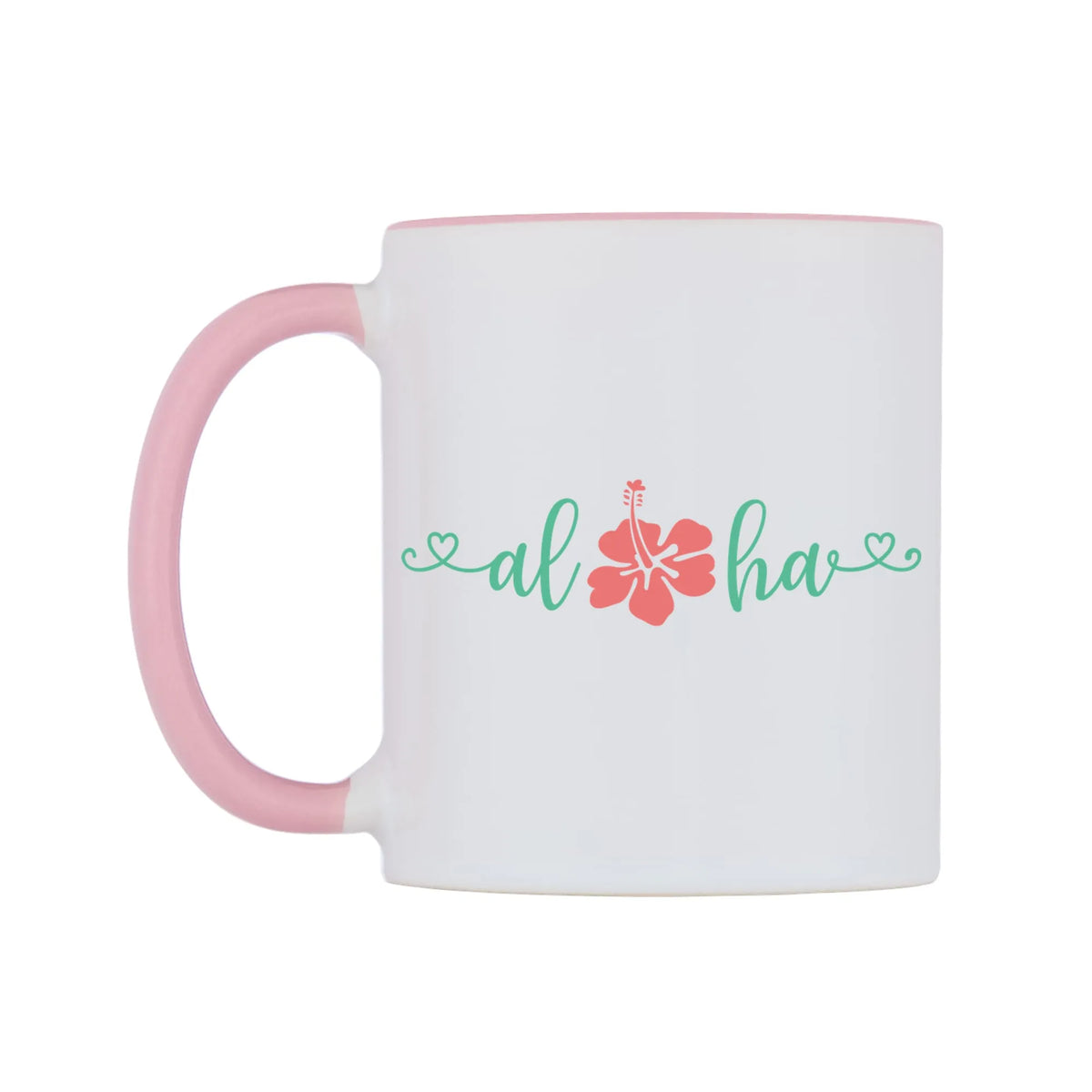 Aloha Mug — white 11oz gloss mug with a pink inside and handle, right side, on a white background