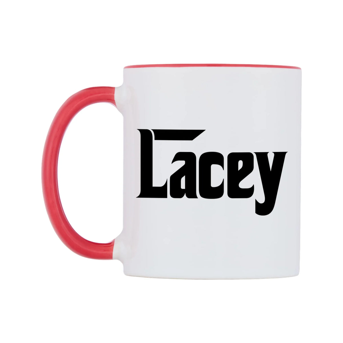 Lacey - Godfather Themed Mug — white 11oz gloss mug with a red inside and handle, right side, on a white background