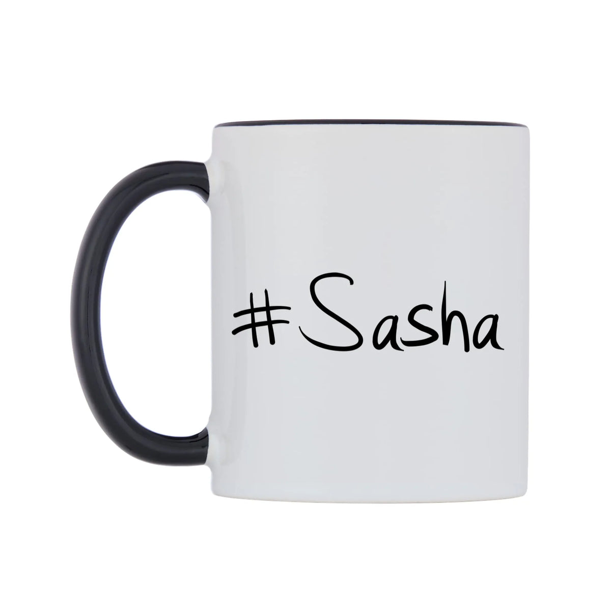 Sasha Mug — white 11oz gloss mug with a black inside and handle, right side, on a white background