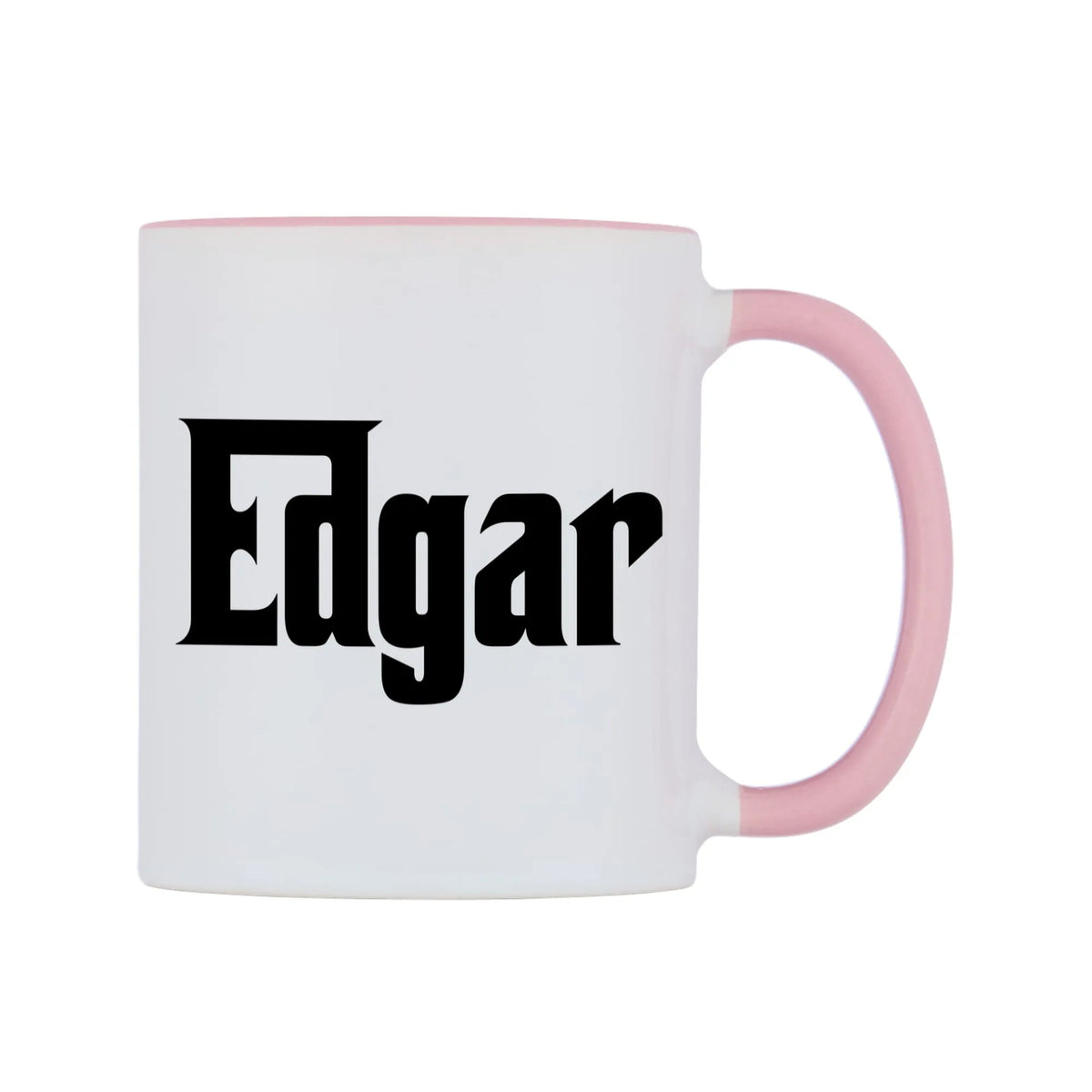 Edgar - Godfather Themed Mug — white 11oz gloss mug with a pink inside and handle, left side, on a white background