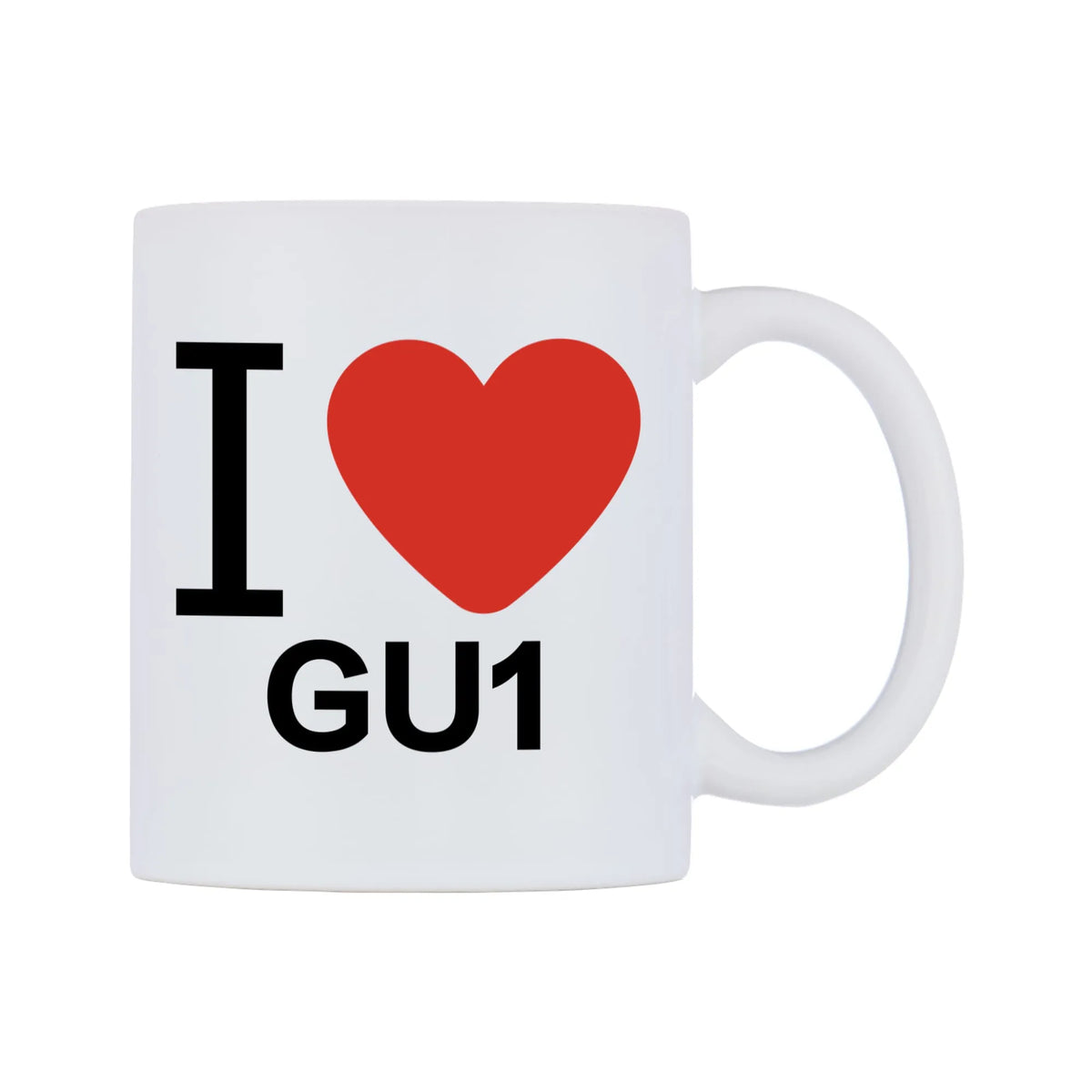 I Love GU1 Mug — white 11oz gloss mug, left side, on a white background
