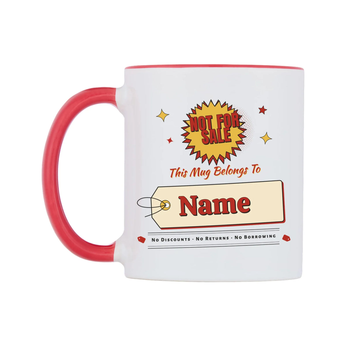 Not For Sale Swing Tag Mug — white 11oz gloss mug with a red inside and handle, on a white background