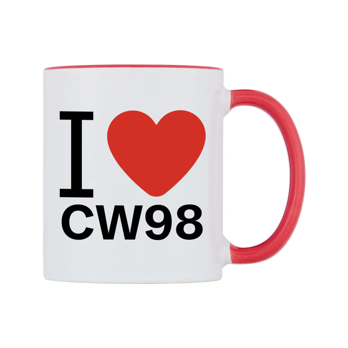 I Love CW98 Mug — white 11oz gloss mug with a red inside and handle, left side, on a white background