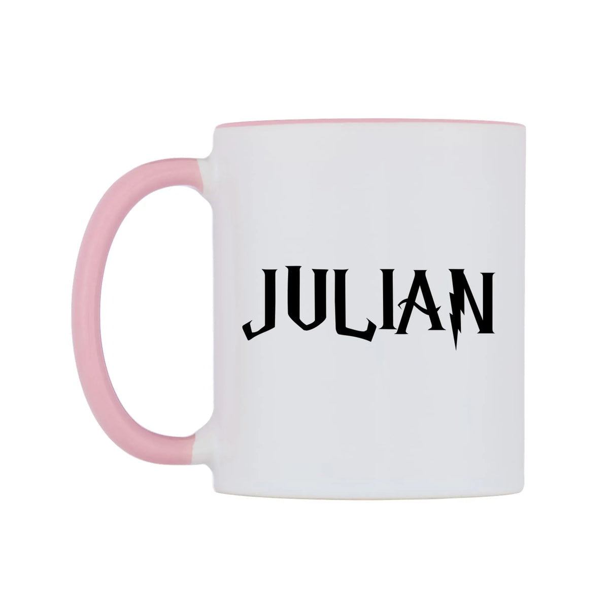 Julian - Wizard Themed Mug — white 11oz gloss mug with a pink inside and handle, right side, on a white background
