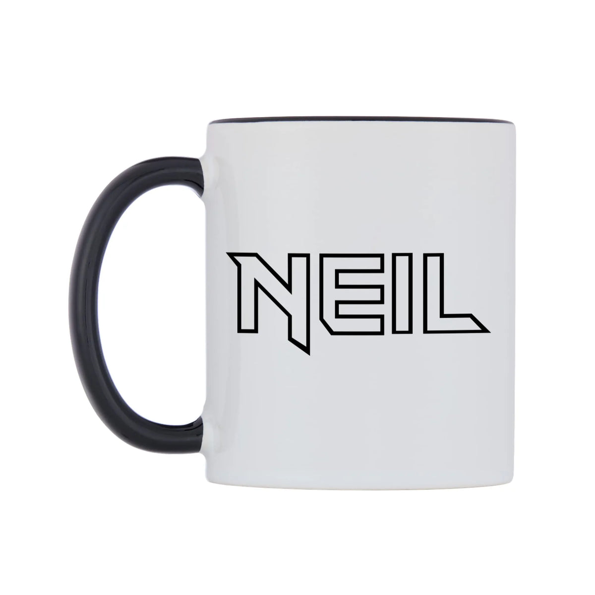 Neil - Iron Maiden Themed Mug — white 11oz gloss mug with a black inside and handle, right side, on a white background