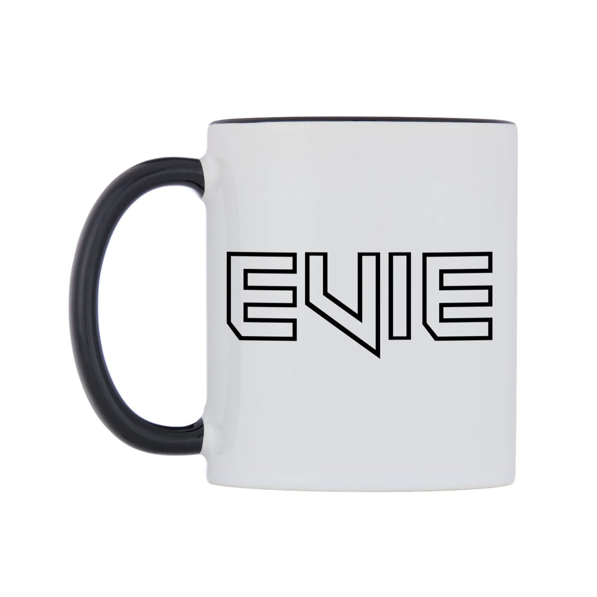 Evie - Iron Maiden Themed Mug — white 11oz gloss mug with a black inside and handle, right side, on a white background