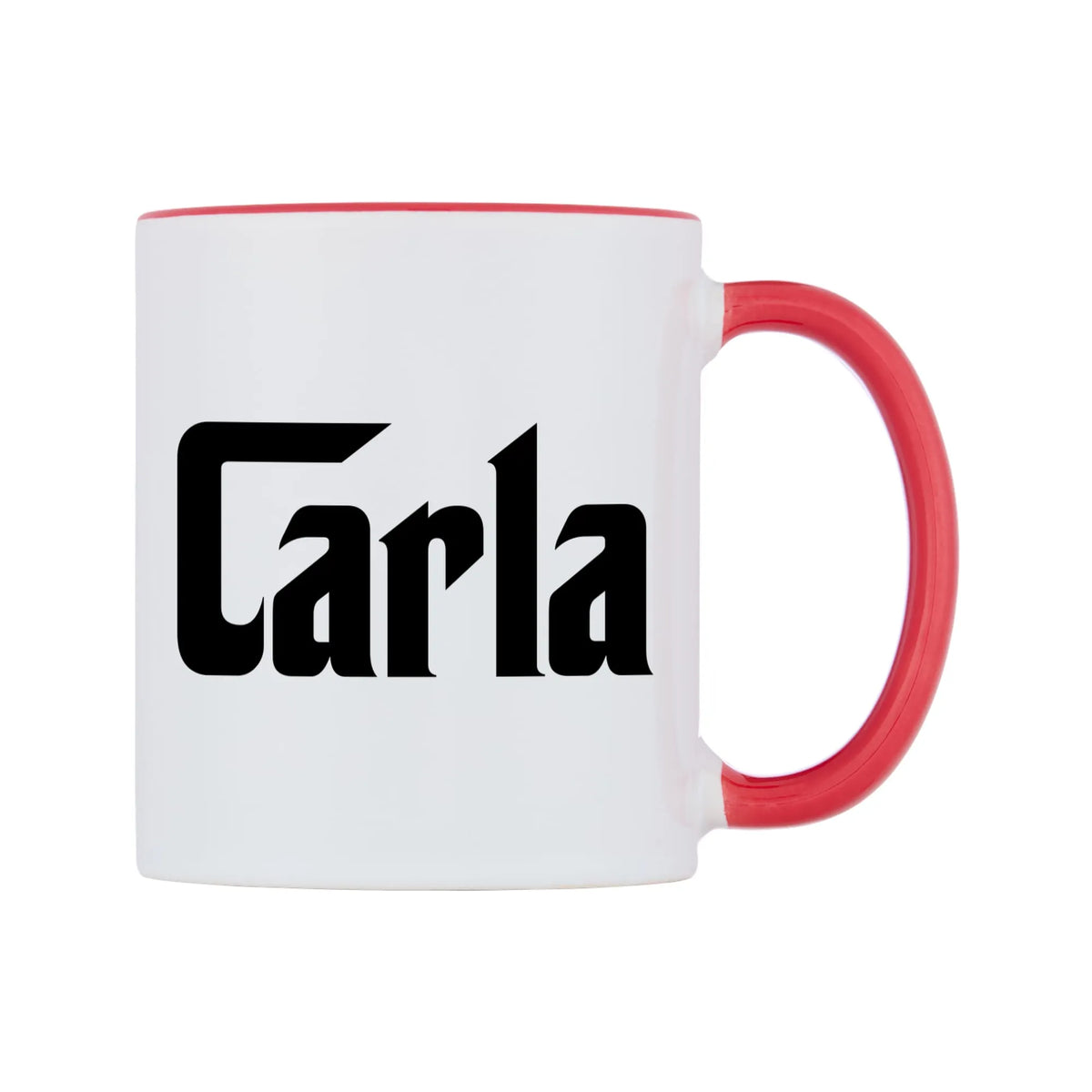 Carla - Godfather Themed Mug — white 11oz gloss mug with a red inside and handle, left side, on a white background