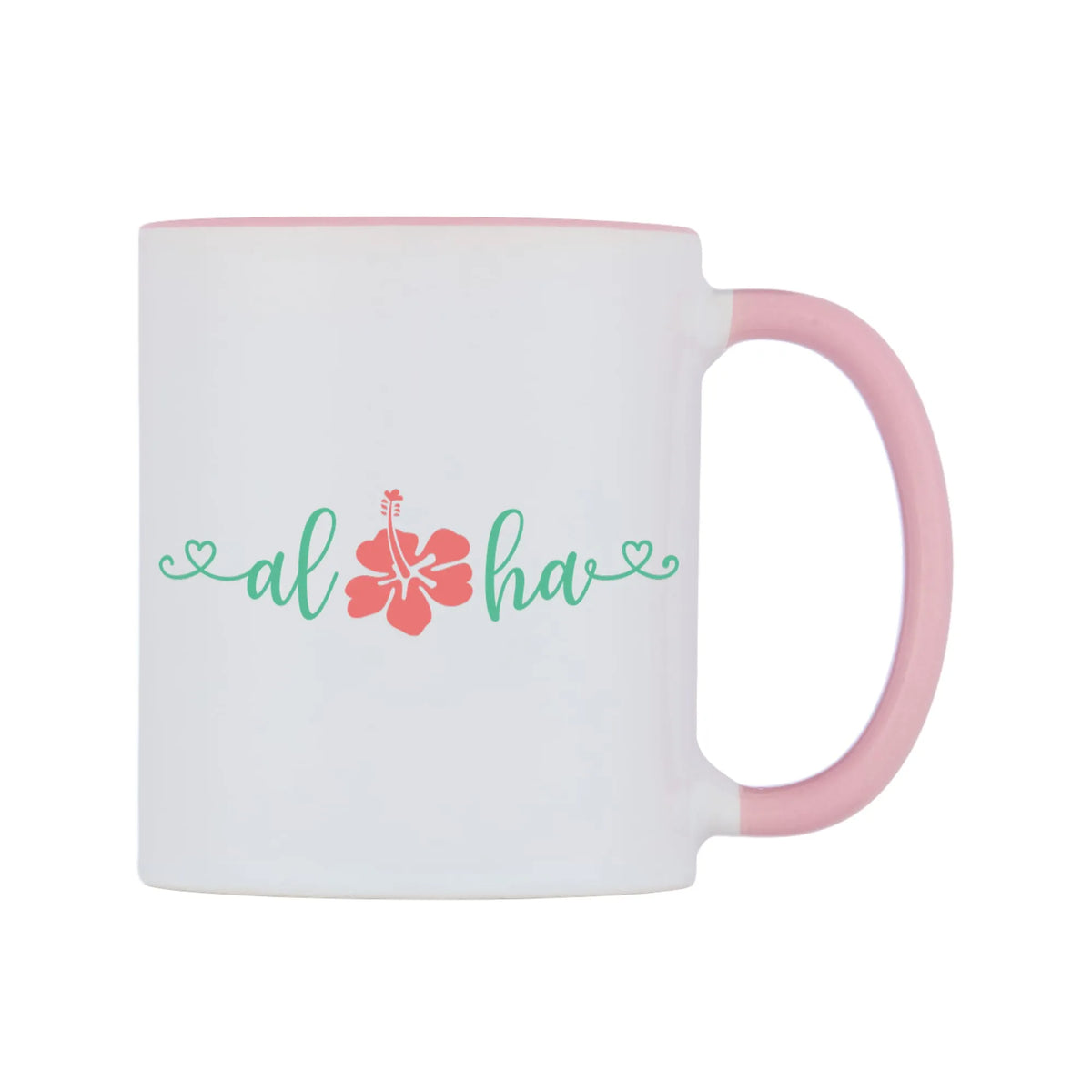 Aloha Mug — white 11oz gloss mug with a pink inside and handle, left side, on a white background