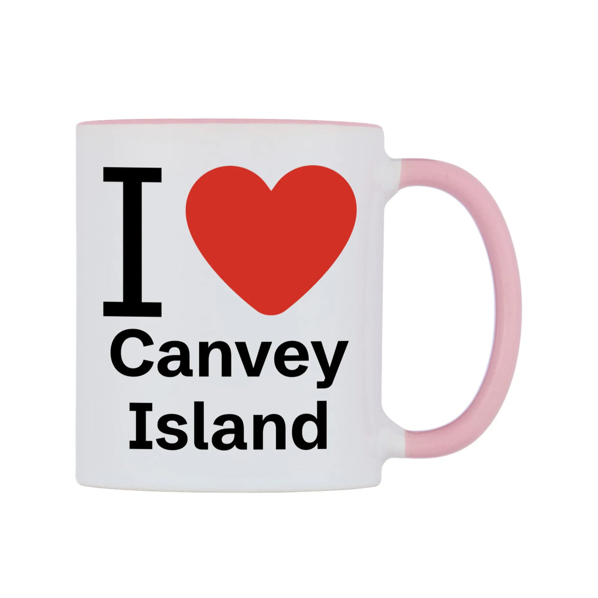 I Love Canvey Island Mug — white 11oz gloss mug with a pink inside and handle, left side, on a white background