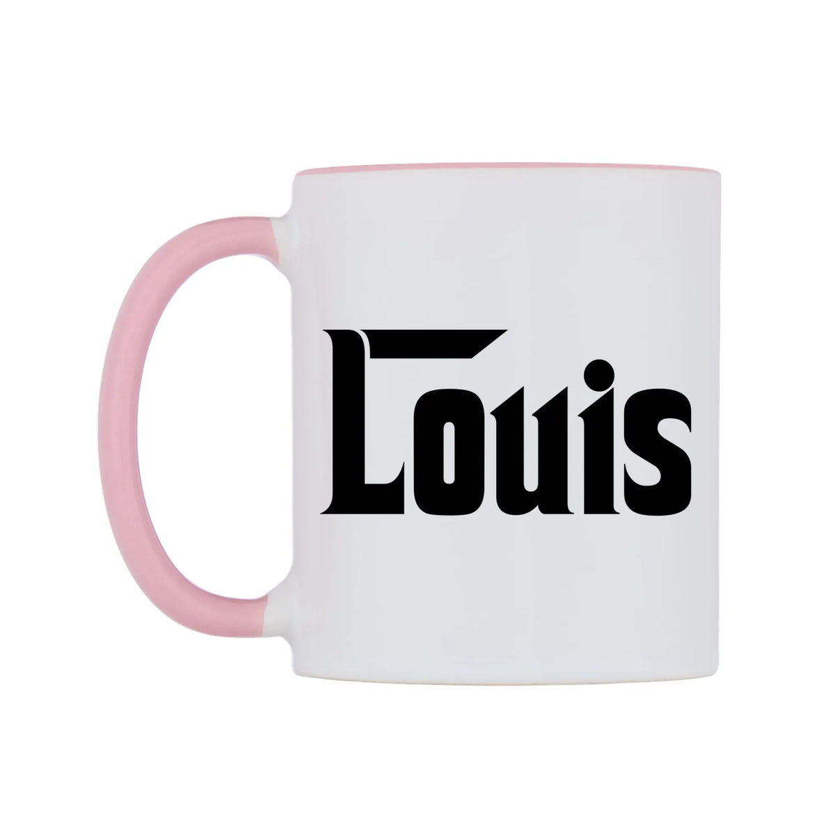 Louis - Godfather Themed Mug — white 11oz gloss mug with a pink inside and handle, right side, on a white background