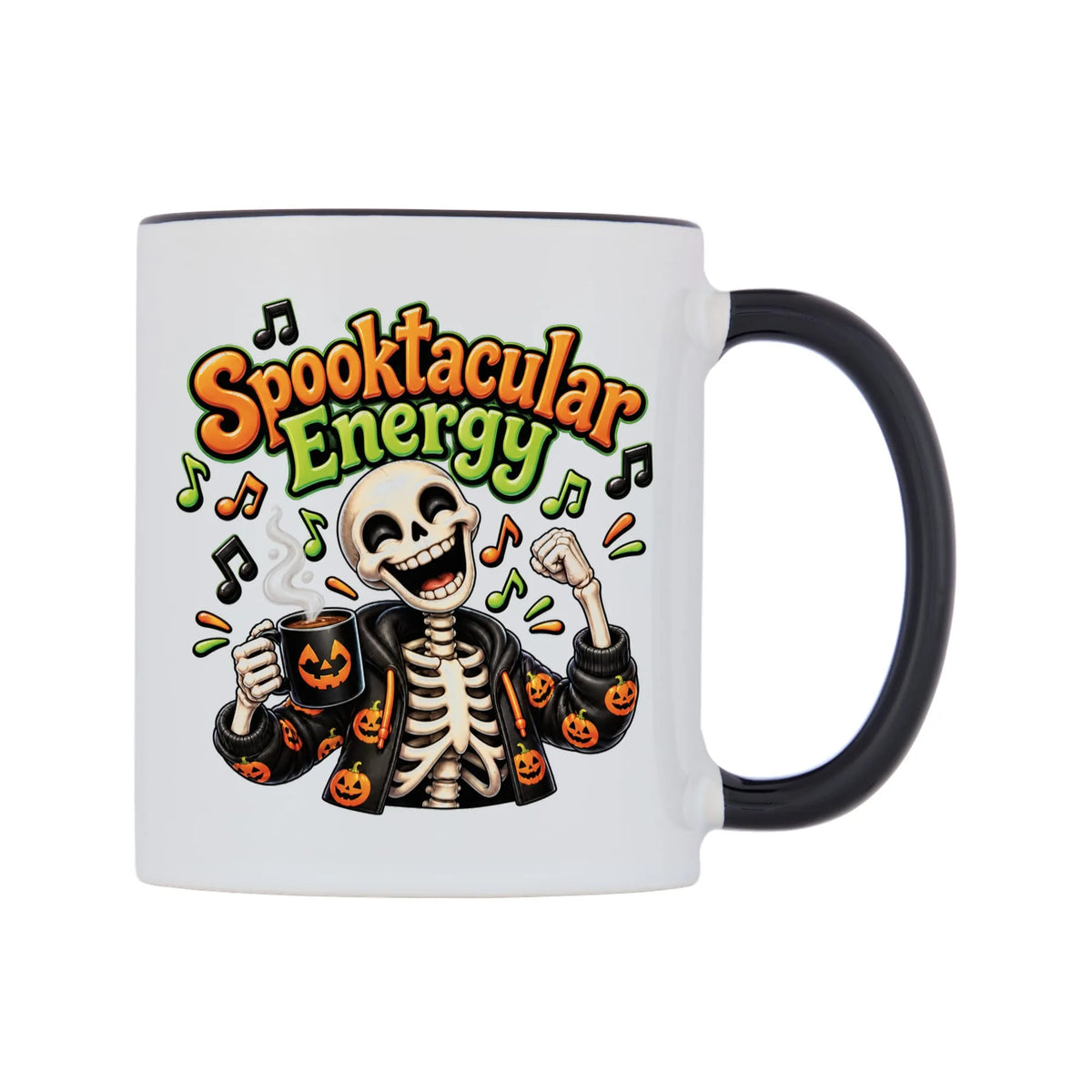 Spooktacular Energy Mug — white 11oz gloss mug with a black inside and handle, left side, on a white background