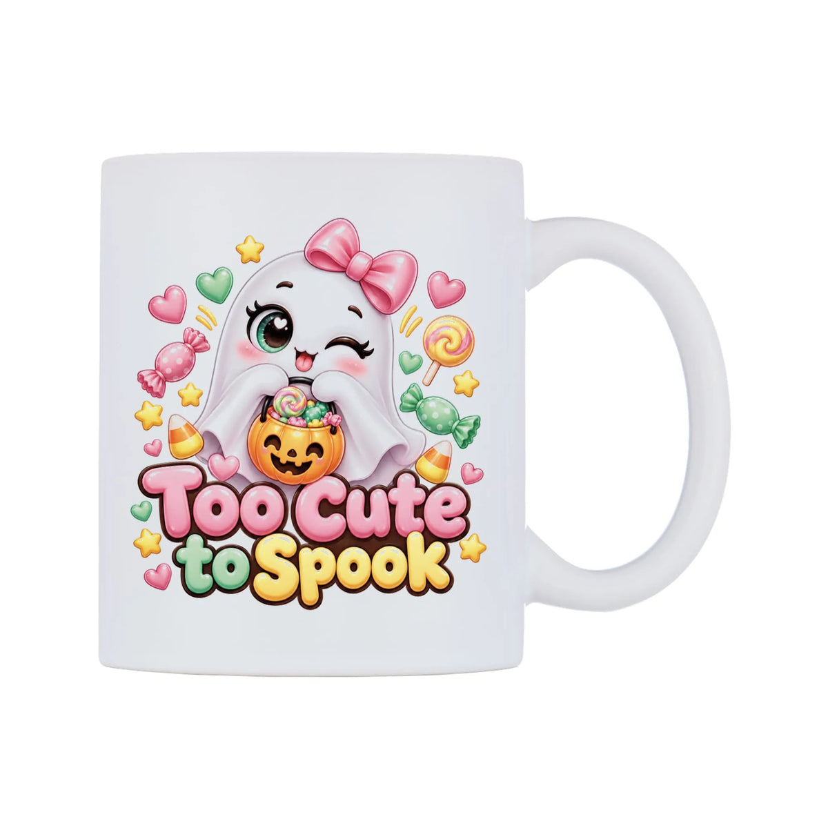 Too Cute to Spook Mug — white 11oz gloss mug, left side, on a white background