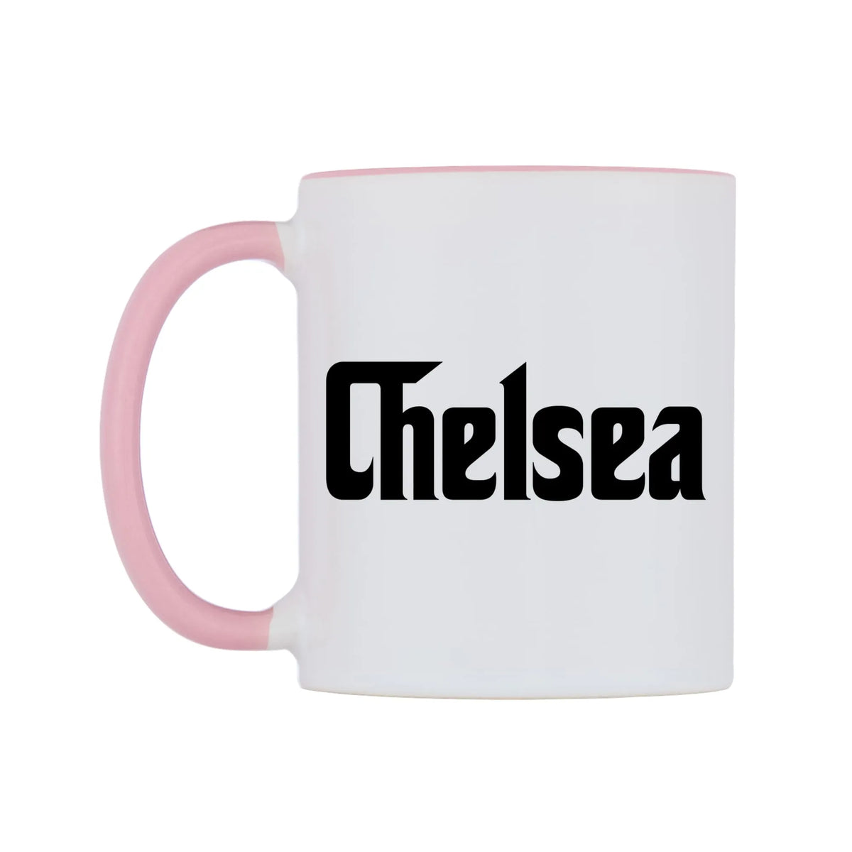 Chelsea - Godfather Themed Mug — white 11oz gloss mug with a pink inside and handle, right side, on a white background