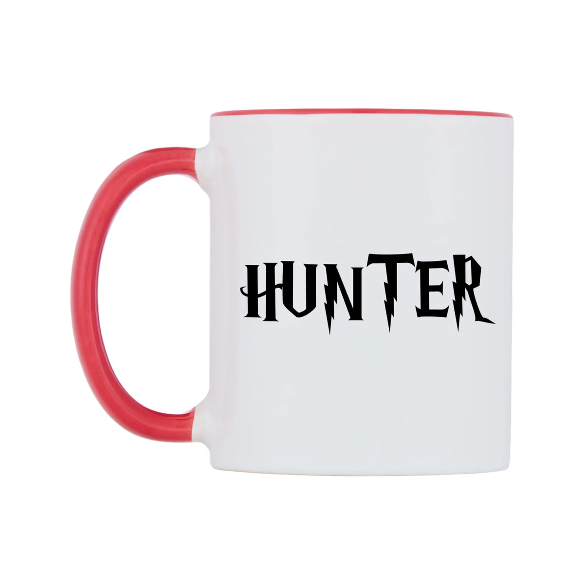 Hunter - Wizard Themed Mug — white 11oz gloss mug with a red inside and handle, right side, on a white background