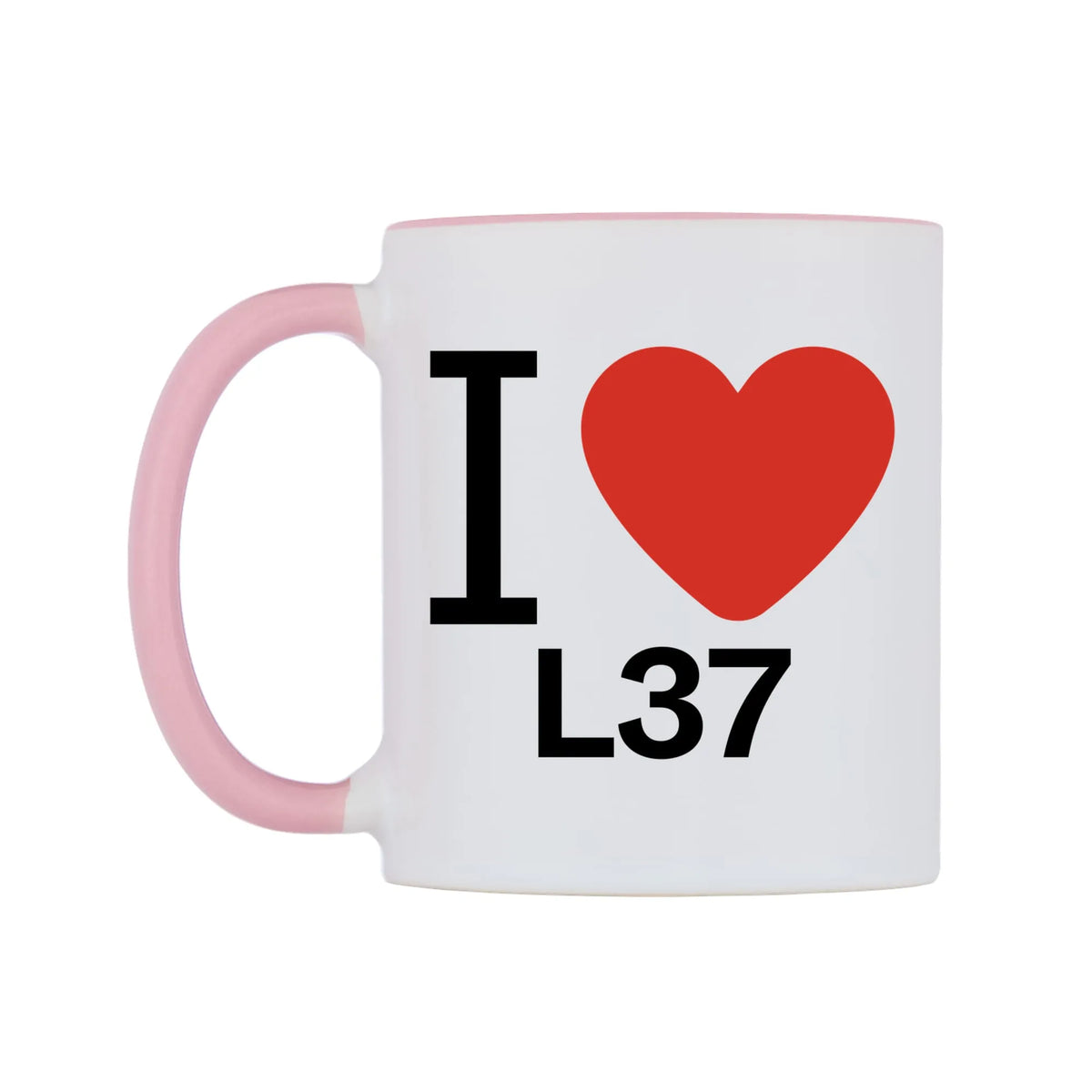 I Love L37 Mug — white 11oz gloss mug with a pink inside and handle, right side, on a white background