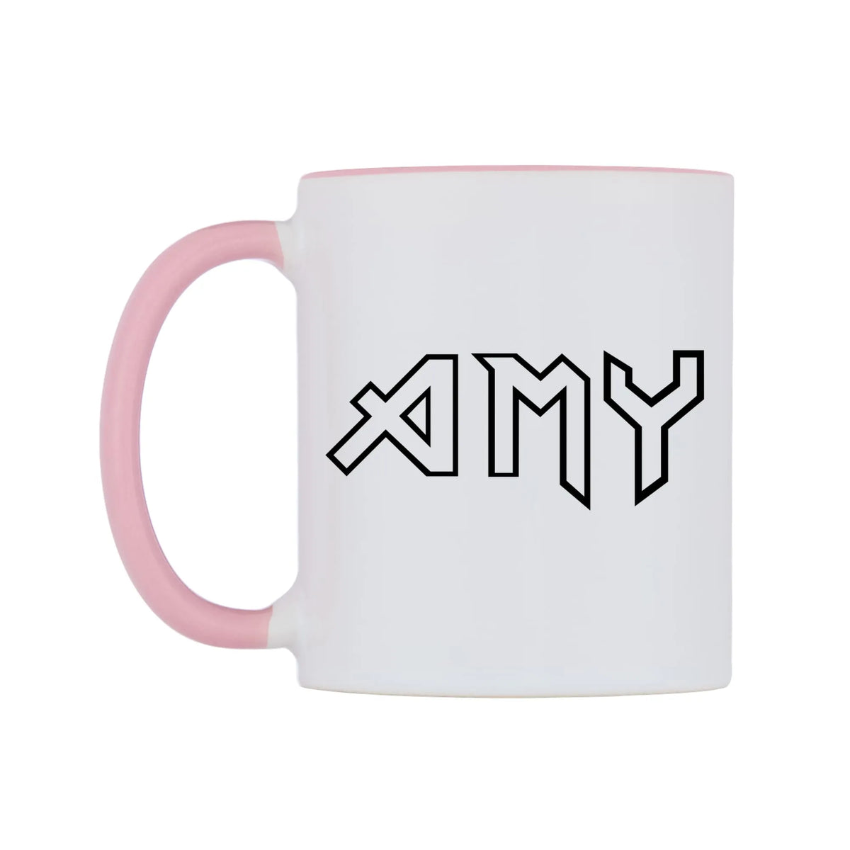 Amy - Iron Maiden Themed Mug — white 11oz gloss mug with a pink inside and handle, right side, on a white background